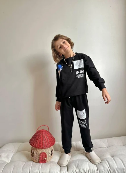 Cg Kids Sonic Baskılı 2 Iplik Erkek Çocuk Alt Üst Süper Tarz Takım Sırt Baskı Detay Siyah Süper Kalite Baskı ürün görseli 1