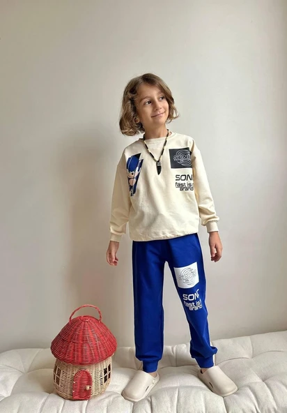 Cg Kids Sonic Baskılı 2 Iplik Erkek Çocuk Alt Üst Süper Tarz Takım Krem Sırt Baskı Detay ürün görseli 1