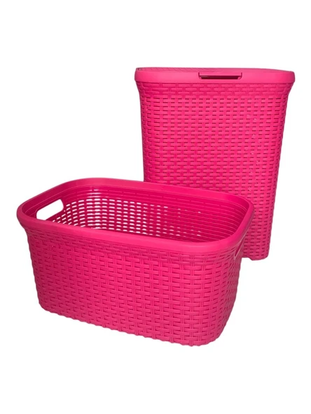 2'li Set Hasır Desenli Plastik Fusya Çamaşır Sepeti & Fusya Çamaşır Selesi ürün görseli 1