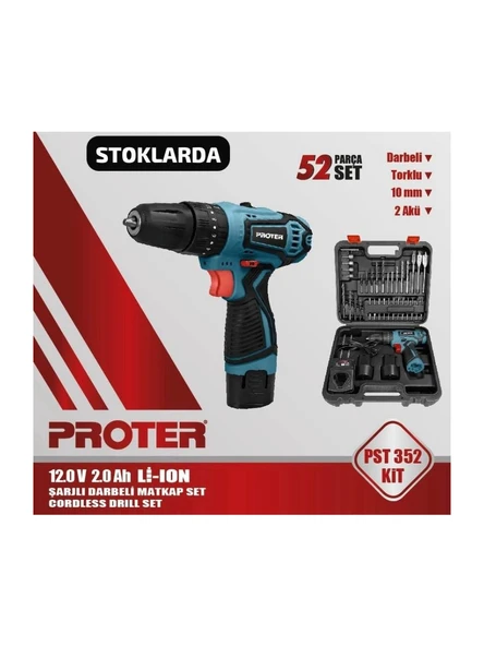 Proter Pst 352 Kit Şarjlı Darbeli Matkap Seti 52 Parça ürün görseli 1