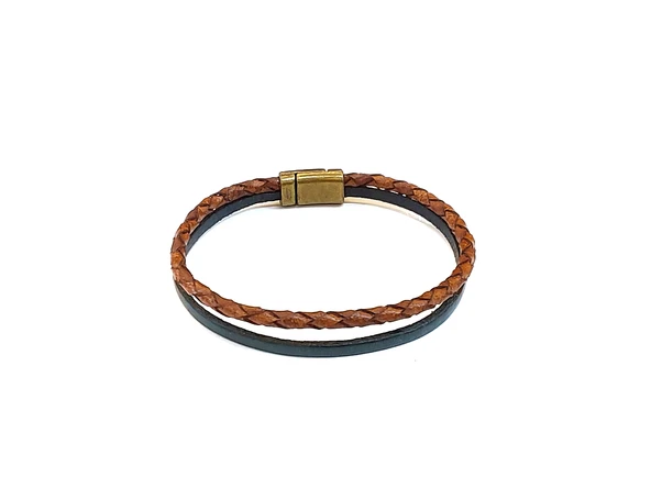Deep Green Camel Braid – Taba Örgü & Koyu Yeşil Bant Erkek Deri Bileklik-1399 ürün görseli 1