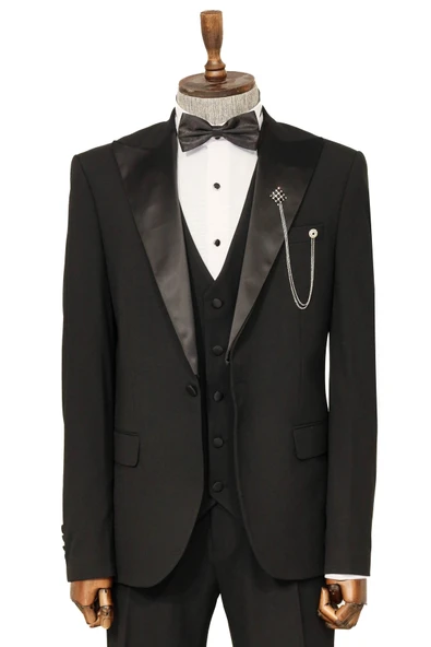 Tek Düğmeli Slim Fit Siyah Yelekli Erkek Takım Elbise - Wessi ürün görseli 1