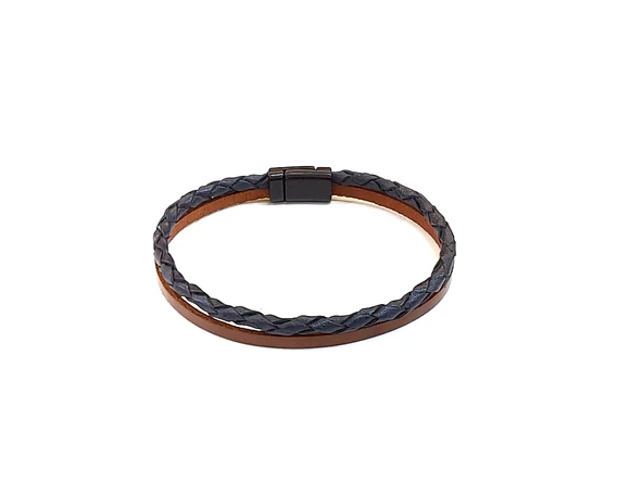 Navy Brown Pure Braid – Lacivert Örgü & Kahverengi Bant Erkek Deri Bileklik-1410 ürün görseli 1