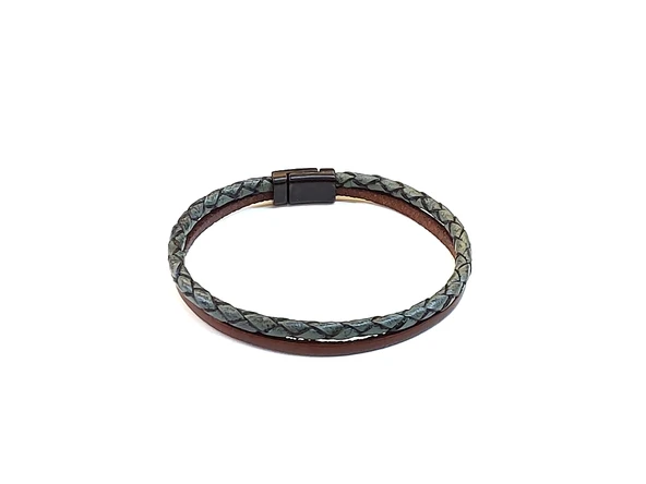 Sage Brown Pure Braid – Füme Yeşil Örgü & Kahverengi Bant Erkek Deri Bileklik-1409 ürün görseli 1