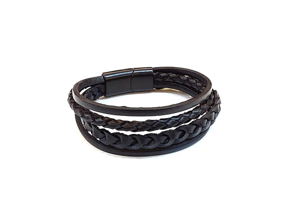 Black Multi Braid – Çok Katmanlı Örgü Detaylı Siyah Erkek Deri Bileklik-1414 ürün görseli 1