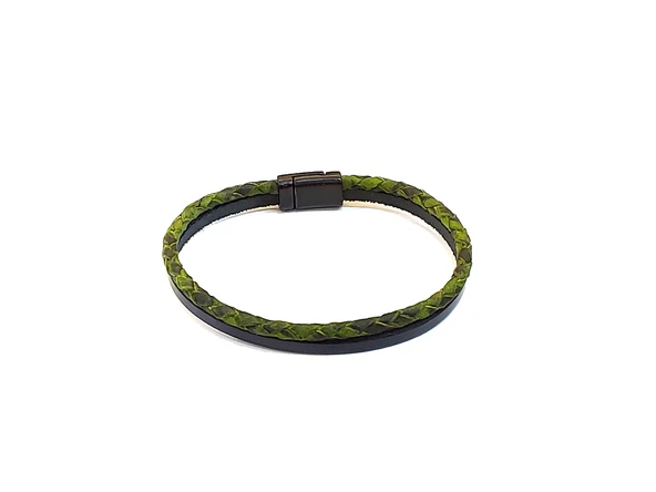 Olive Pure Braid – Yeşil Örgü Detaylı Siyah Erkek Hakiki Deri Bileklik-1411 ürün görseli 1