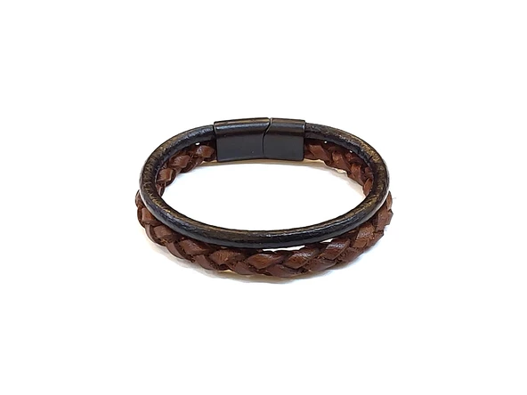 Classic Braid Duo – Kahverengi Örgü & Siyah Bant Detaylı Erkek Deri Bileklik-1415 ürün görseli 1