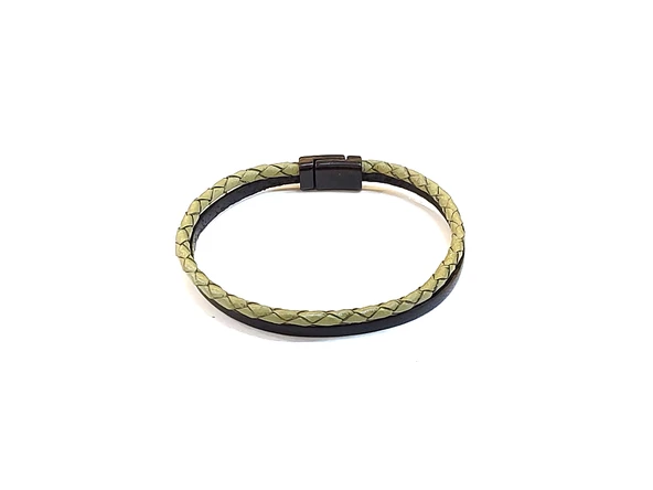Light Olive Pure Braid – Açık Zeytin Yeşili Örgü Detaylı Siyah Erkek Deri Bileklik-1406 ürün görseli 1