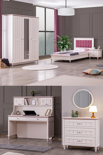 Ezgi Lux Genç Odası - 3 Kapılı Dolap, Karyola, Komodin, Masa, Şifonyer ürün görseli 1