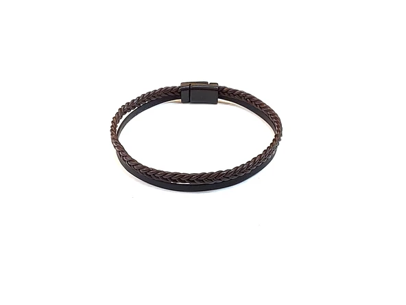 Brown Pure Braid – Koyu Kahverengi Örgü Detaylı Siyah Erkek Deri Bileklik-1405 ürün görseli 1