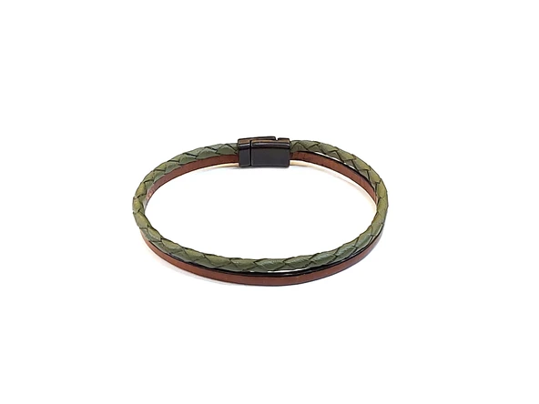 Olive Brown Pure Braid – Zeytin Yeşili Örgü & Kahverengi Bant Erkek Deri Bileklik-1408 ürün görseli 1
