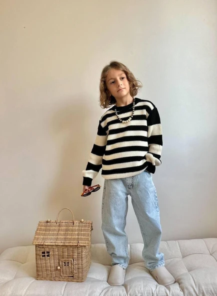 Cg Kids Çizgili Örgülü Siyah Renk Triko Kazaklı Jean Pantolon Erkek Çocuk Alt Üst Takım Süper Kalite Kumaş ürün görseli 1