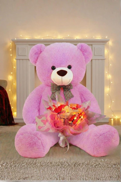 LED Işıklı Pembe-Beyaz Kelebek Buketi – 25 Kelebekli & 90 cm Büyük Peluş Ayı | Kadınlar Gününe ÖZEL ürün görseli 1