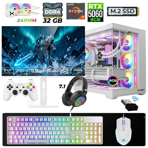 Xaser Moon X10 Ryzen 7 5700X 32GB Ram 1TB M.2 NVMe SSD 8GB RTX5060 Sıvı Soğutmalı 24,5" 240Hz Oyuncu Tavsiye Sistem ürün görseli 1