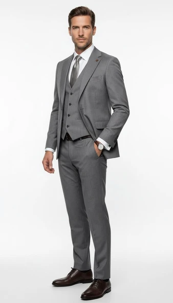 Erkek Klasik Slim Fit Takım Elbise – Notch Yaka, Yaka Punto Dikişli, Tek Düğmeli, Çift Yırtmaçlı ürün görseli 1