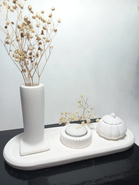 Tabaklı Sütun Vazolu, Minimal Mumluk ve Balkabağı 4 parça Set Beyaz ürün görseli 1