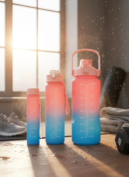 Pembe, 3’lü Set - Sticker’lı Pipetli Matara Seti - 2000ml,900ml,300ml ürün görseli 1