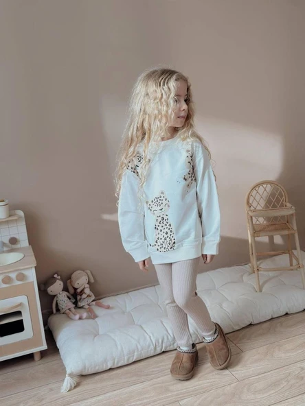 Cg Kids Sevimli Kedi Baskılı Alt Fitilli Tayt 2 İplik Kız Çocuk Alt Üst Takım ürün görseli 1