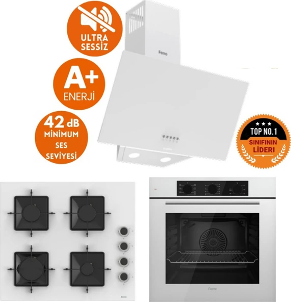 Ferre Flowart Sessiz Yeni Seri Beyaz Ankastre Set ( D087-SA + QBL62CB +SS206) ürün görseli 1