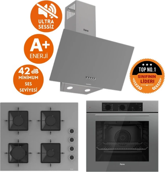 Ferre Flowart Sessiz Yeni Seri Antrasit Gri Ankastre Set (D088-SA + QBL62CPR +SS208) ürün görseli 1