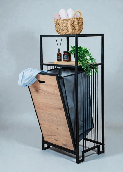 DEKORATİF KİRLİ SEPETLİ BANYO DOLABI AHŞAP RAFLI METAL GÖVDELİ 2 RAFLI ÇAMAŞIR SEPETİ BANYO DÜZENLEYİCİ ORGANİZER ürün görseli 1