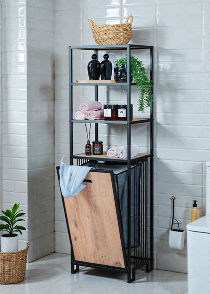 DEKORATİF KİRLİ SEPETLİ BANYO DOLABI AHŞAP RAFLI METAL GÖVDELİ 4 RAFLI ÇAMAŞIR SEPETİ BANYO DÜZENLEYİCİ ORGANİZER ürün görseli 1