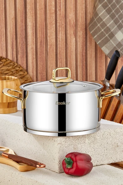 Cooker Bomonti 28 cm 11 Litre İndüksiyon Uyumlu Paslanmaz Çelik Gold Kulplu Derin Tencere CKR3473 ürün görseli 1