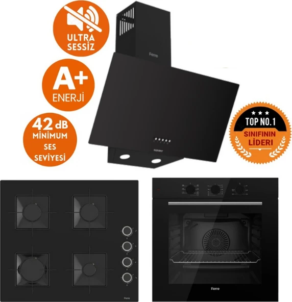 Ferre Flowart Sessiz Yeni Seri Siyah Ankastre Set ( D086-SA + QBL62CS + SS205) ürün görseli 1