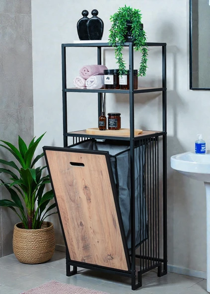 DEKORATİF KİRLİ SEPETLİ BANYO DOLABI AHŞAP RAFLI METAL GÖVDELİ 3 RAFLI ÇAMAŞIR SEPETİ BANYO DÜZENLEYİCİ ORGANİZER ürün görseli 1