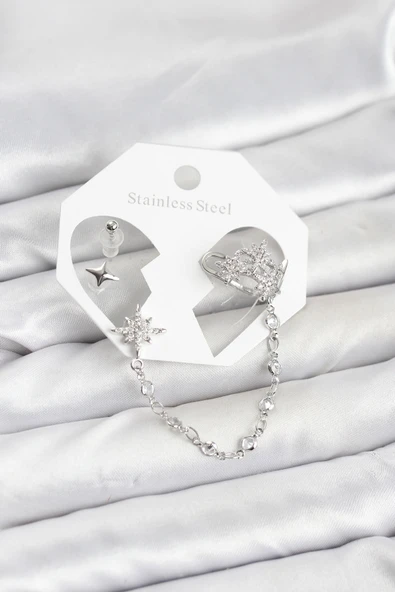 Kutup Yıldızı Model Pirinç Gümüş Renk Zincir Bağlantılı Ear Cuff Küpe Seti - EBJ260109W38985 ürün görseli 1