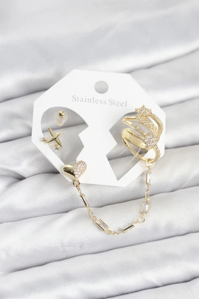 Kalp Yıldız Model Pirinç Gold Renk Zincir Bağlantılı Ear Cuff Küpe Seti - EBJ260109W38981 ürün görseli 1