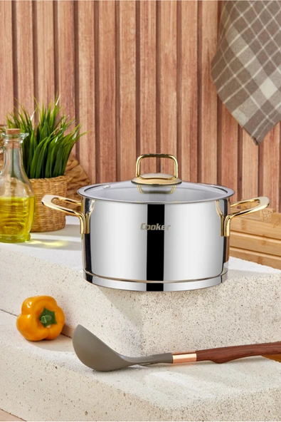Cooker 20 cm 3,2 Litre İndüksiyon Uyumlu Bomonti Paslanmaz Çelik Gold Kulplu Derin Tencere CKR3469 ürün görseli 1