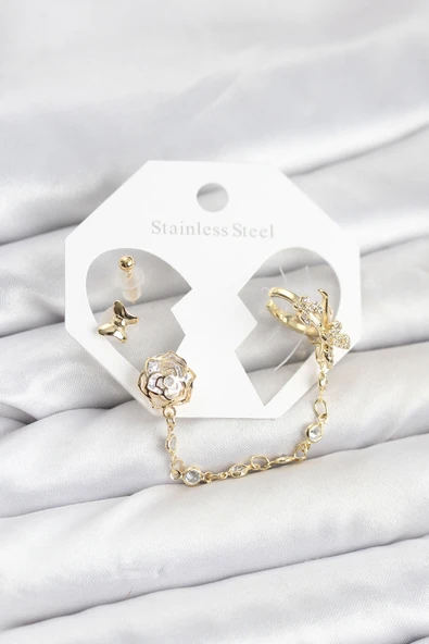 Pirinç Gold Renk Kelebekli Model Zincir Bağlantılı Ear Cuff Küpe Seti - EBJ260109W38978 ürün görseli 1
