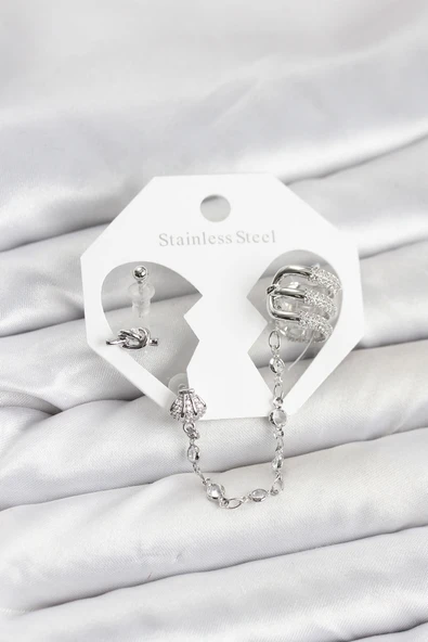Pirinç Gümüş Renk Sarmal Model Zincir Bağlantılı Ear Cuff Küpe Seti - EBJ260109W39080 ürün görseli 1