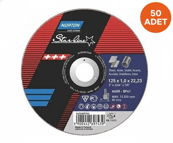 NORTON SAİNT GOBAİN STARLİNE 115X1.0X22.23MM İNOX METAL KESİCİ DİSK 50'Lİ PAKET ürün görseli 1