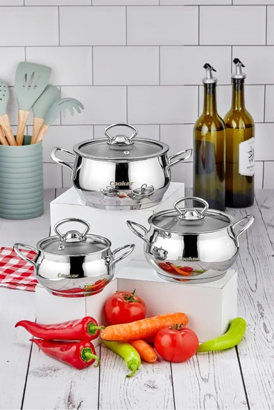 Cooker Lara 6 Parça 12-14-16 cm İndüksiyon Uyumlu Paslanmaz Çelik Güveç Tencere Seti CKR336 ürün görseli 1