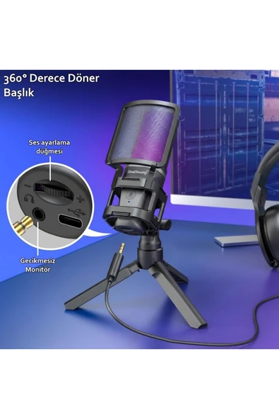A68 RGB USB Condenser Gamer Mikrofon - Resim 4