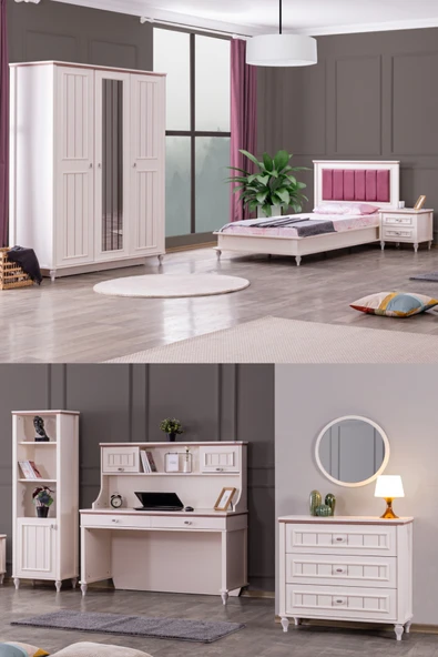Ezgi Lux Genç Odası - 3 Kapılı Dolap, Karyola, Komodin, Masa, Şifonyer, Kitaplık ürün görseli 1