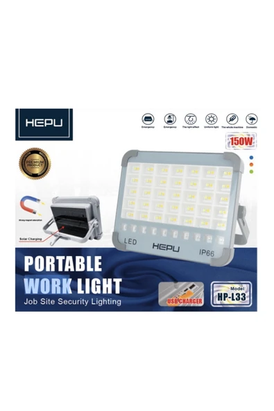 HP-L33 150W Solar Şarjlı Taşınabilir LED | IP66 Su Geçirmez | USB Şarj Girişli Manyetik ürün görseli 1