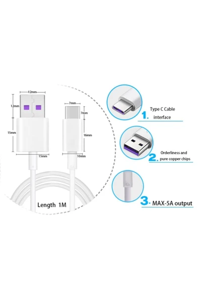 Usb Type-c 5a Hızlı Şarj Ve Data Kablosu Mor Kablo - Resim 3