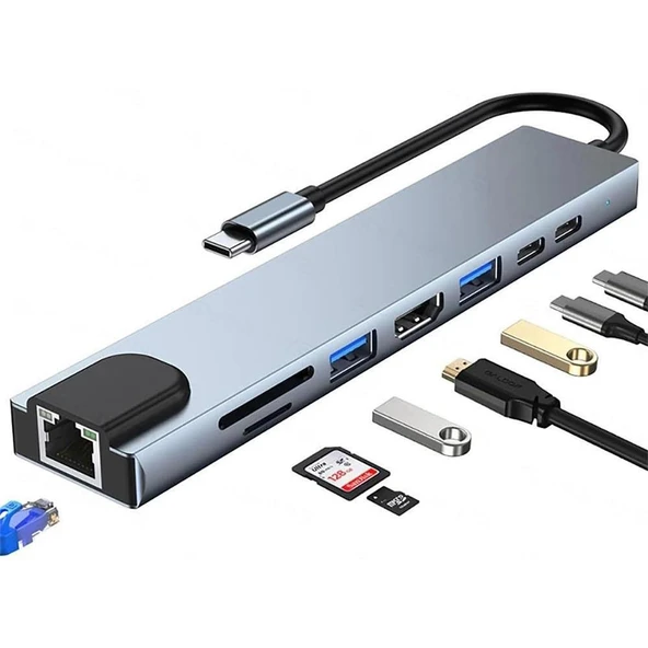 E2M ZR38 TYPE-C 8 PORTLU ÇOKLAYICI ADAPTÖR ürün görseli 1