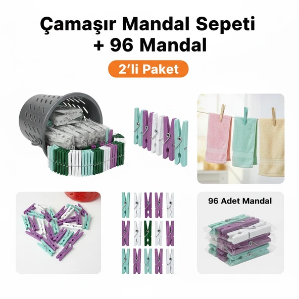 Sepet Hediyeli 96'lı Çamaşır Mandalı Seti - Paslanmaz Yaylı ve İz Yapmayan Dayanıklı Mandallar ürün görseli 1