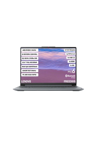 IDEAPAD İNCE 3 15ABR8 AMD Ryzen 5 5625U 16 GB 512 GB SSD FREEDOS 15,6'' FHD 82XM00PWTX ürün görseli 1