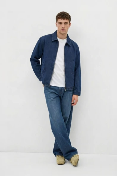 Erkek Fermuarlı İndigo Loose Fit Jean Ceket ürün görseli 1
