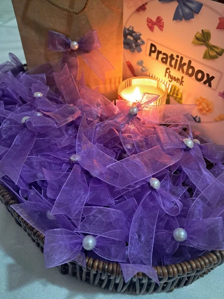 Pratikbox Fiyonk / Tül 2cm'lik / Hediyelik / Süsleme / Lila Renk/Yarım İnci Boncuklu / 50 Adet ürün görseli 1