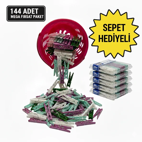 144 Adet Çamaşır Mandalı + Mandal Sepeti Hediyeli - Mega Fırsat Paketi - Paslanmaz Yaylı ürün görseli 1