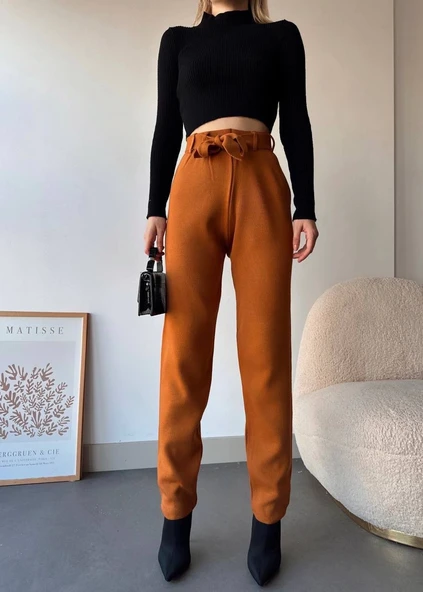 Kendinden kemerli triko pantolon camel ürün görseli 1