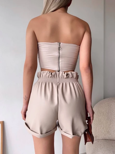 Tüllü deri crop bej w24615 - Resim 5