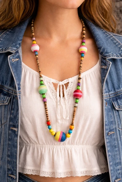 Gypsy Colors Doğal Taşlı Etnik Kadın Kolye – 90 cm Uzun Bohem Kolye, Pirinç Detaylı ürün görseli 1