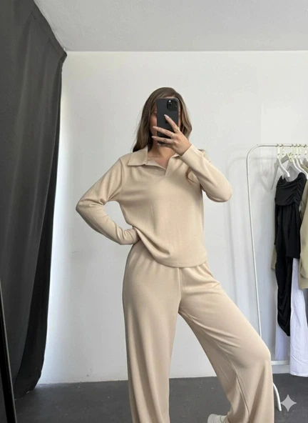 Polo yaka alt üst kollu modal takım bej pt ürün görseli 1